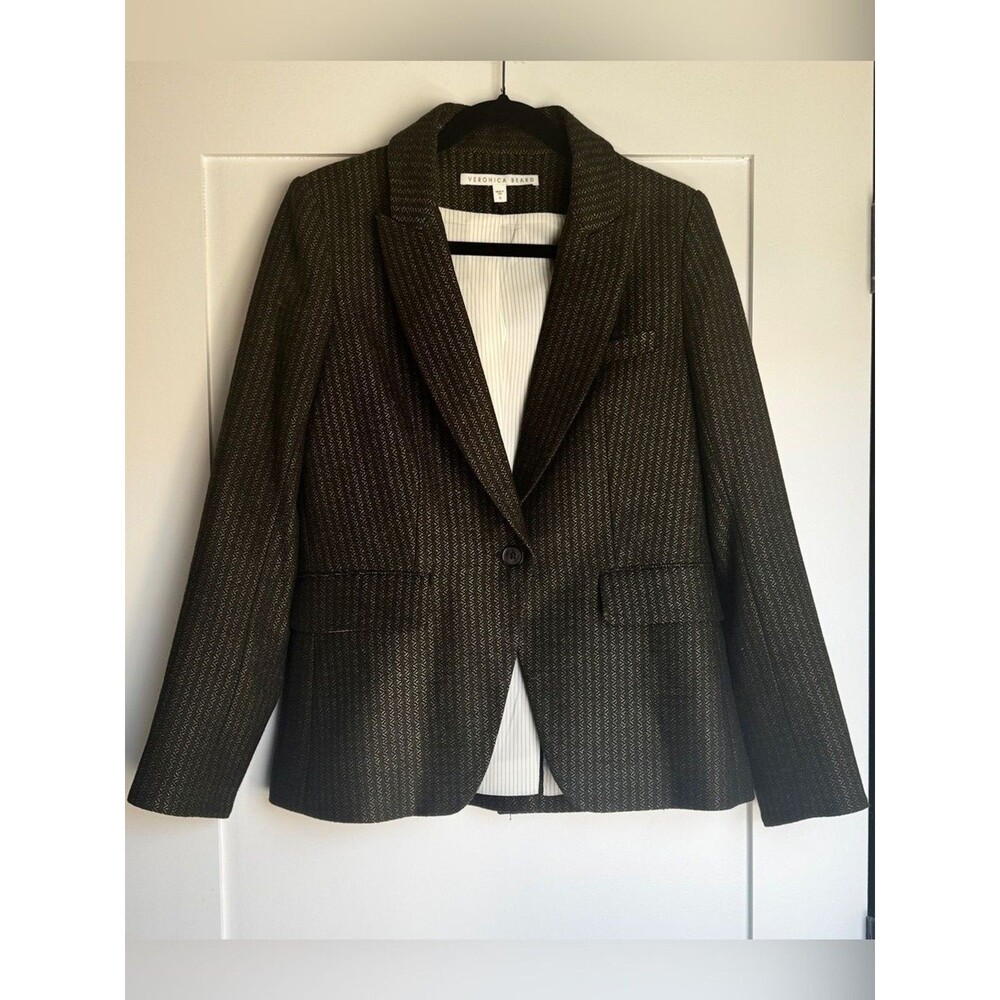 Veronica Beard Espresso Brown Gold Herringbone Wool Blend Blazer Size 8